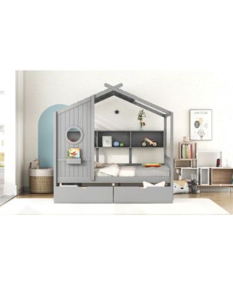 Wooden Full Size House Bed with Drawers & Shelf