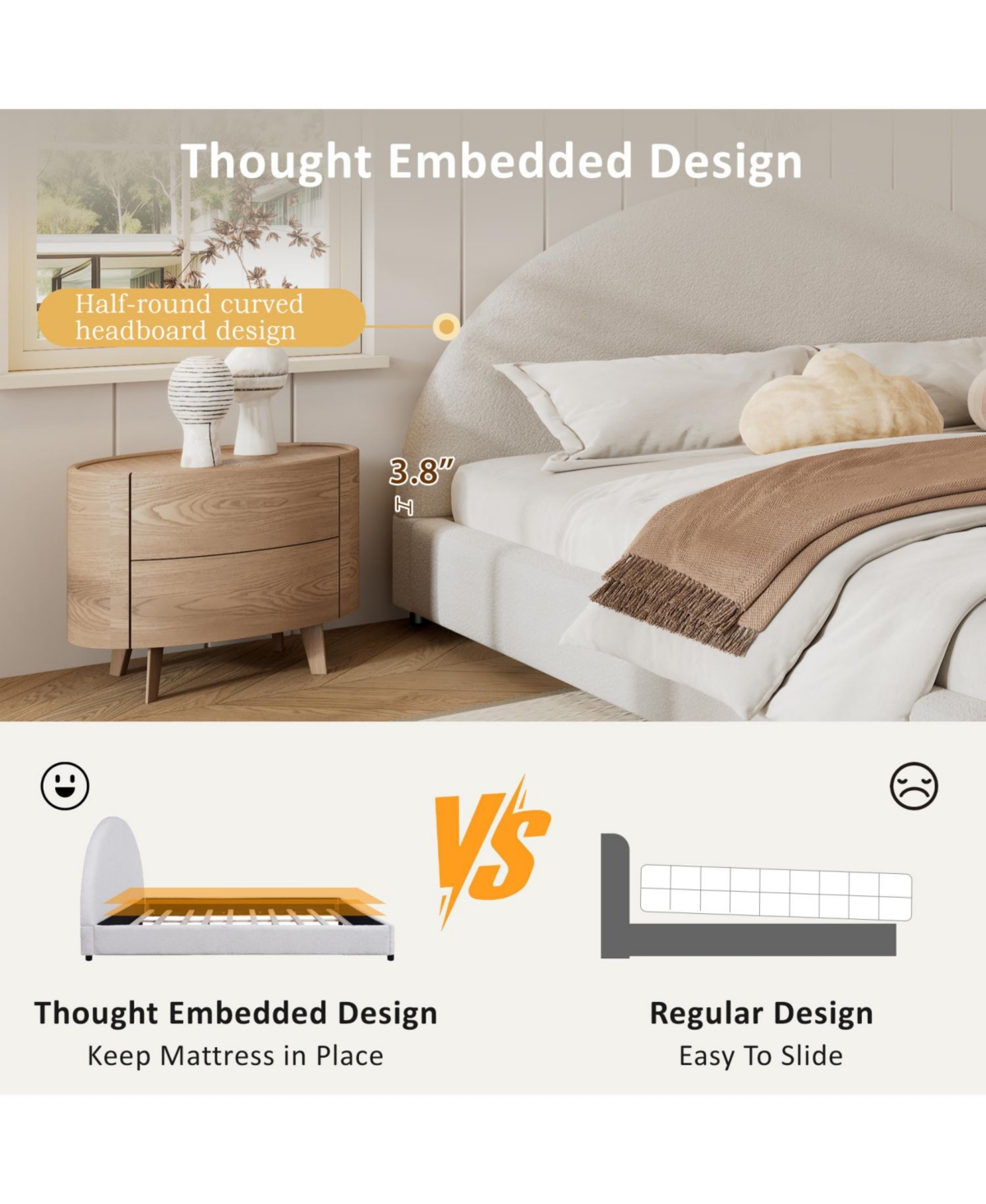 Streamdale Furniture King Size Bed Frame With Boucle Upholstered Round Curved Headboard, White