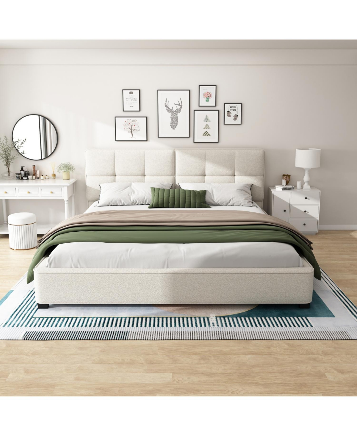 Streamdale Furniture King Beige Boucle Bed Frame with Curved Tufted Headboard