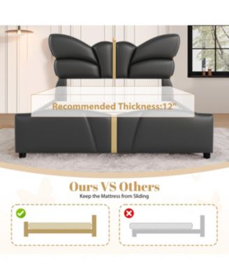 Streamdale Queen Upholstered Bed Frame, Butterfly Headboard, Gold Accents