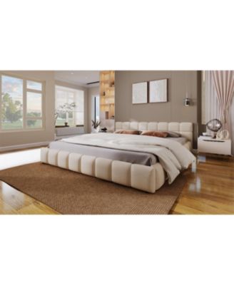 Elegant Beige Chenille Upholstered Bed with Checkerboard Design, King, Beige