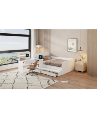 Full Size Wooden Platform Bed with 6 Drawers, Shelves and Dressing Table