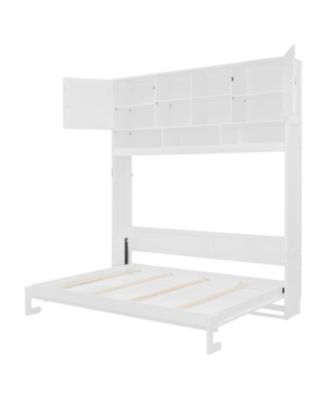  Queen Size Wall Murphy Bed with Ample Storage Space and Diamond Stripes, White