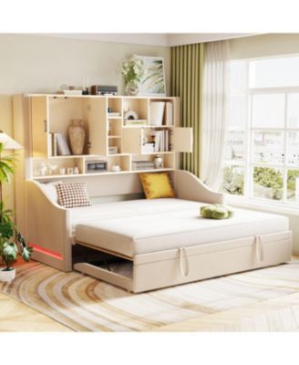 Twin Upholstered Daybed with LED, Storage & Trundle