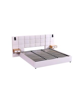 King Beige Velvet Storage Bed with Shelves, Lamps & USB