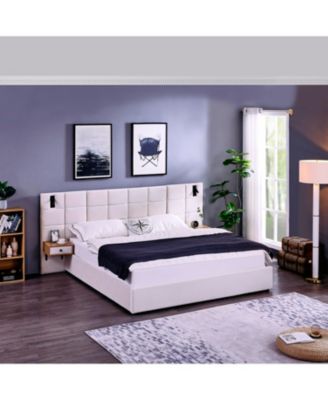 King Beige Velvet Storage Bed with Shelves, Lamps & USB