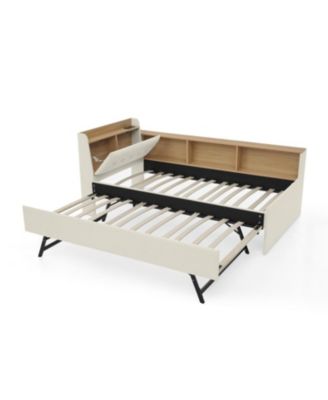 Twin Velvet Daybed with Storage, Trundle, & LED - Beige