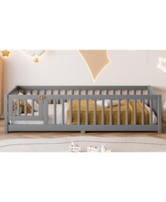 Twin Floor Bed with Guardrails & Door - Gray