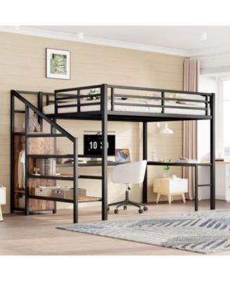 Queen Loft Bed with Desk, Wardrobe, Shelf & LED - Wood-grain