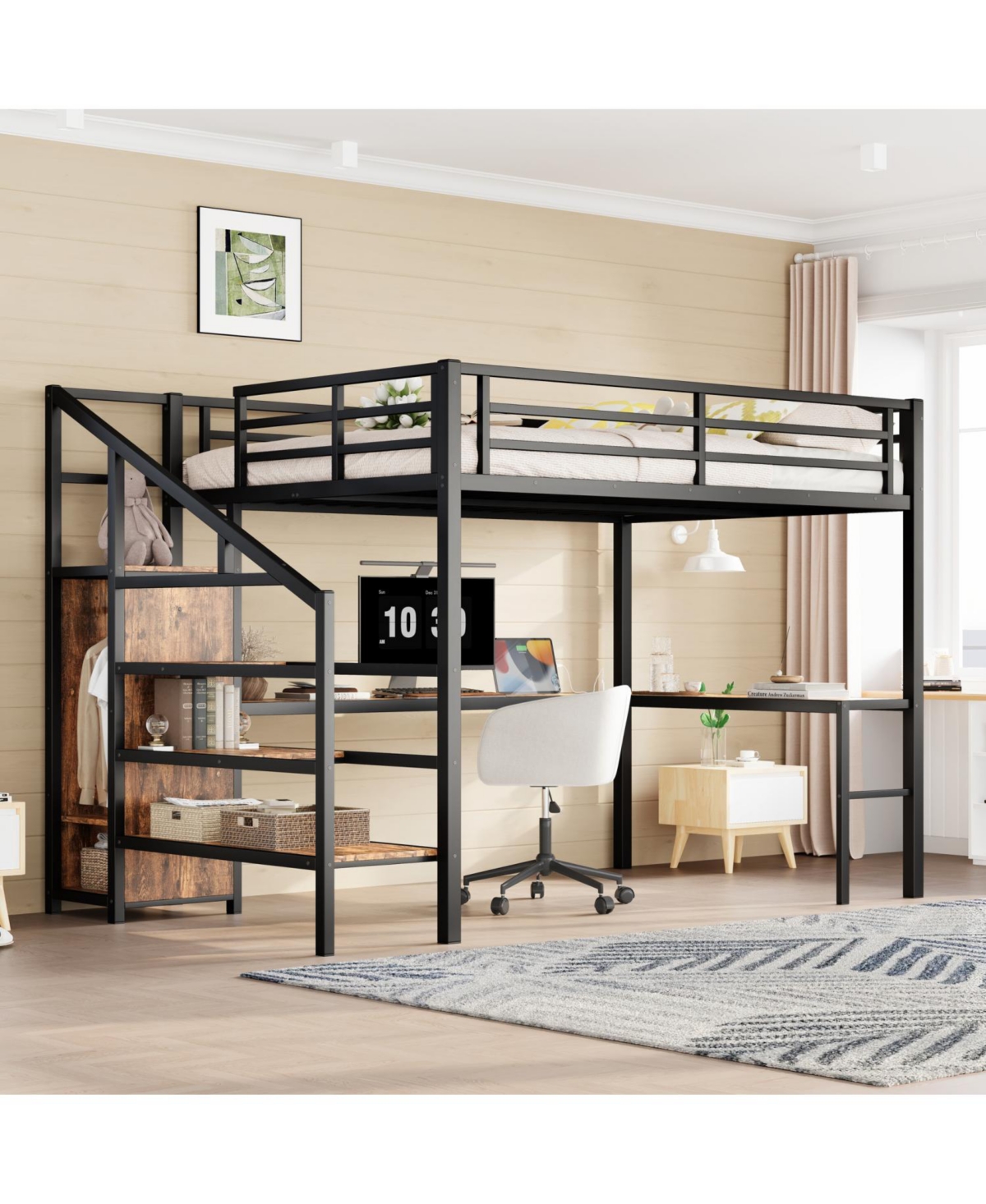Streamdale Furniture Queen Loft Bed with Desk, Wardrobe, Shelf & Led - Wood-grain