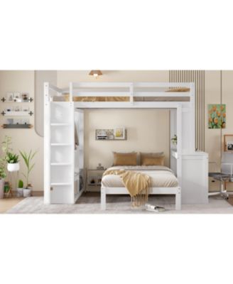 Queen over Twin Bunk Bed with Desk, Shelves & Wardrobe - White