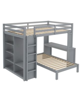 Queen over Twin Bunk Bed with Desk, Shelves & Wardrobe