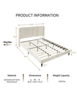 King Size Bed Frame, 55.5" Upholstered Headboard, Boucle Beige