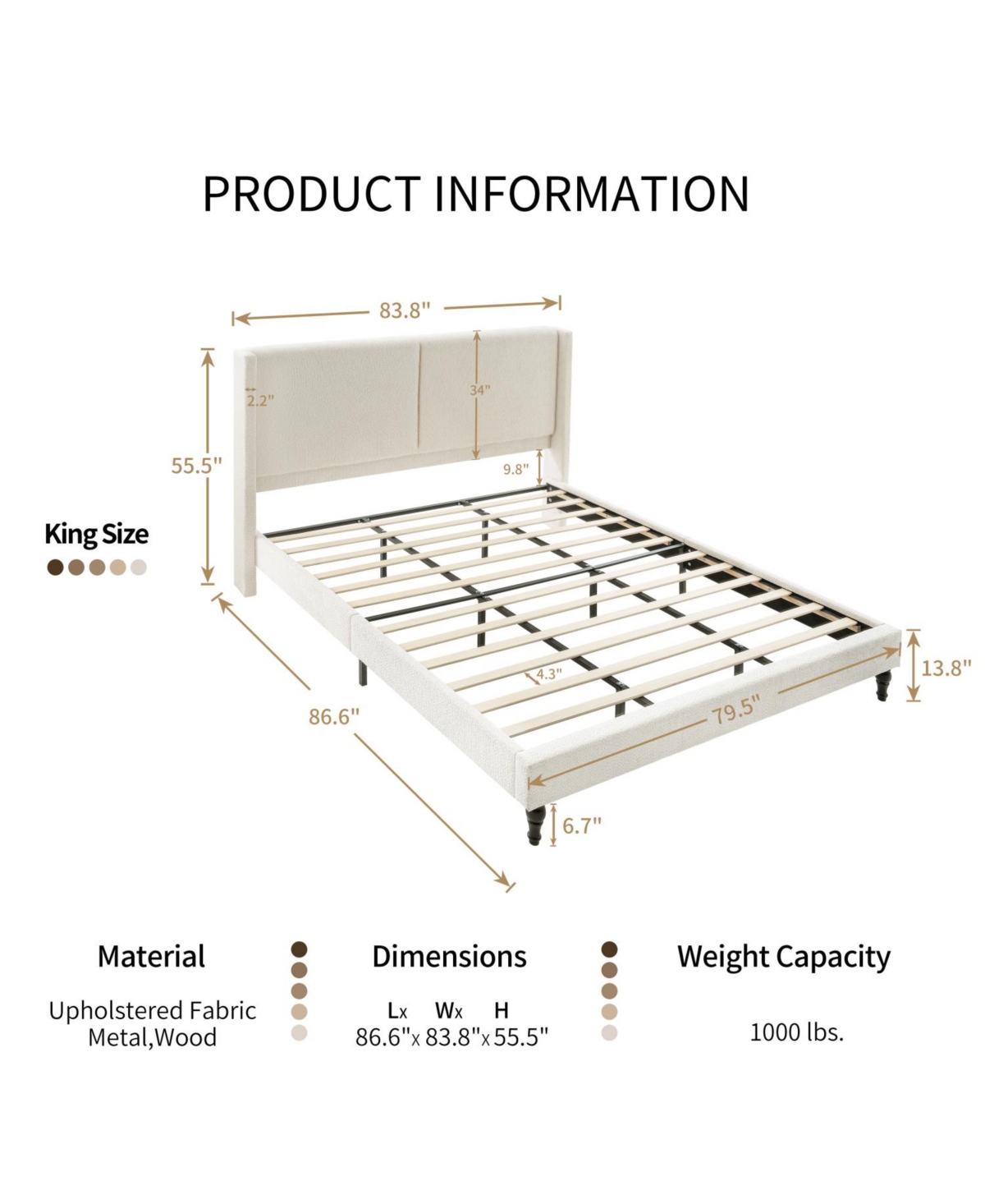 Streamdale Furniture King Size Bed Frame, 55.5" Upholstered Headboard, Boucle Beige