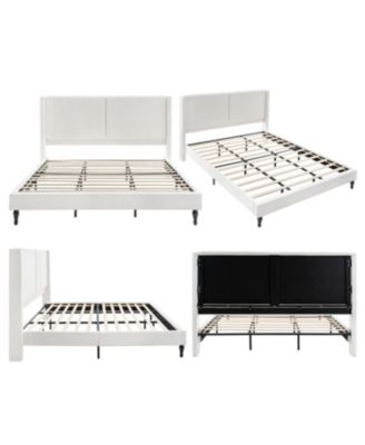 King Size Bed Frame, Boucle Upholstered Headboard, Wood Feet