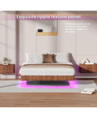  Walnut Queen Bed Frame with LED Lights, Wave Texture, Metal Slats