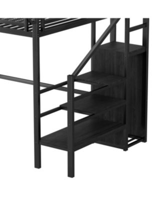Streamdale Twin/Full Metal Loft Bed with Stairs, Shelves & Wardrobe - Black