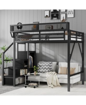Full Size Metal Loft Bed with Stairs, Storage & Wardrobe - Black