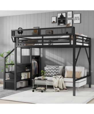 Streamdale Queen Loft Bed with Stairs, Metal Frame, Storage Shelves & Wardrobe