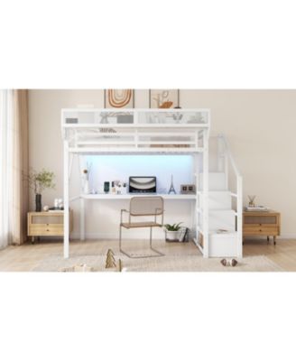  Full Loft Bed with Desk, Stairs, Light & Charging - White