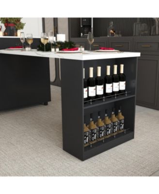  Expandable Kitchen Island, Marble Top, Power Outlet, Storage Cart - Black