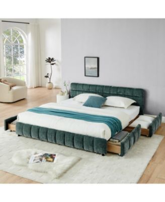  King Upholstered Bed Frame, Chenille Fabric, Headboard, Storage Drawer - Green