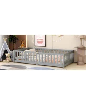 Twin Floor Bed with Fence & Door, Grey
