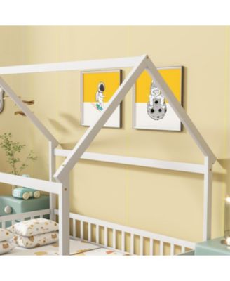 Full Size House Floor Wooden Bed with Roof Frame, Safety Guardrails
