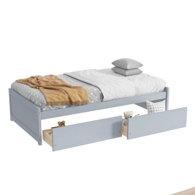 Twin Size Bed with 2 Drawers, Solid Rubber Wood Bed