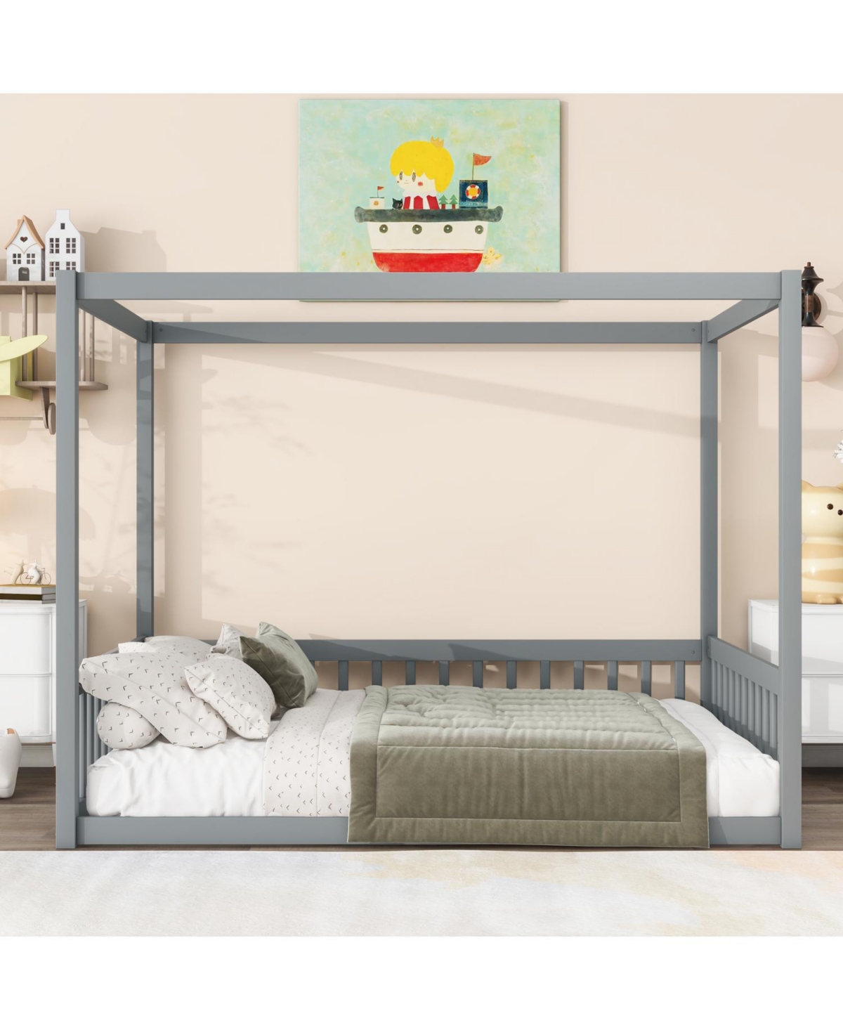 Streamdale Furniture Full Size Canopy Frame Rubber Wood Floor Bed with Fence,Guardrails