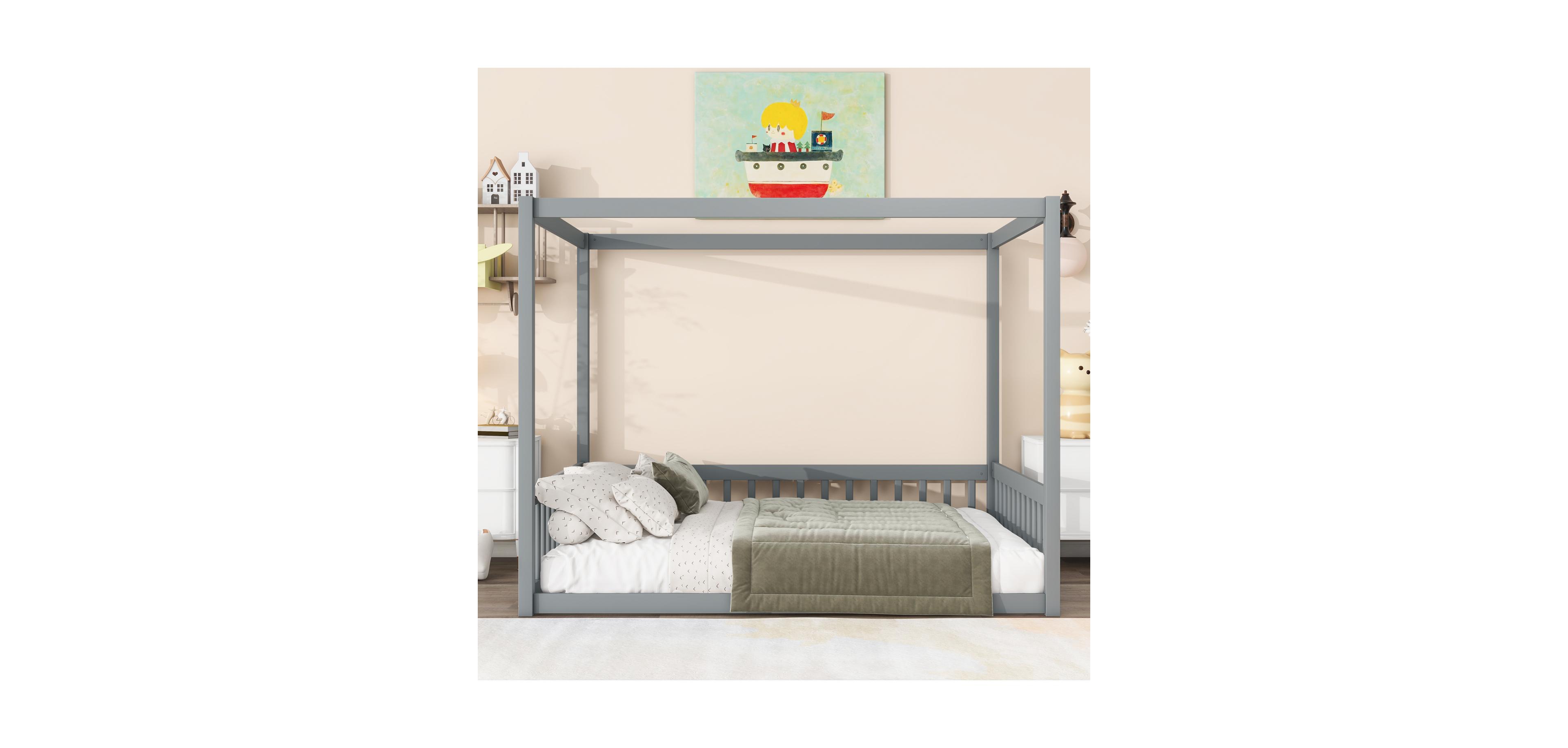 Streamdale Furniture Full Size Canopy Frame Rubber Wood Floor Bed with Fence,Guardrails