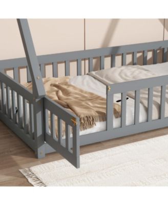 Twin Tent-shaped Floor Bed,Teepee Bed with Guardrails,Slats and Door