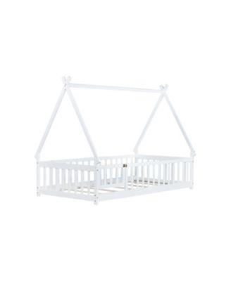  Twin Tent-shaped Floor Bed,Teepee Bed with Guardrails,Slats and Door