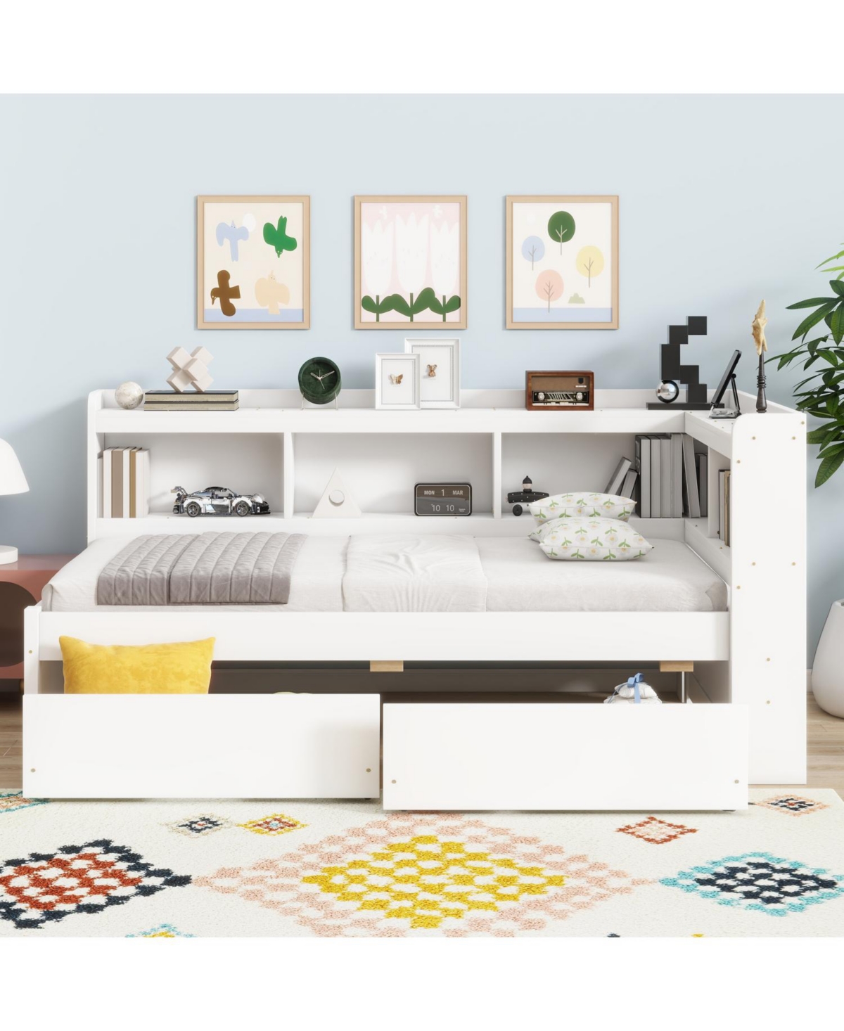 Streamdale Furniture Twin L-Shaped Bookcase Bed with Outlets & Drawers