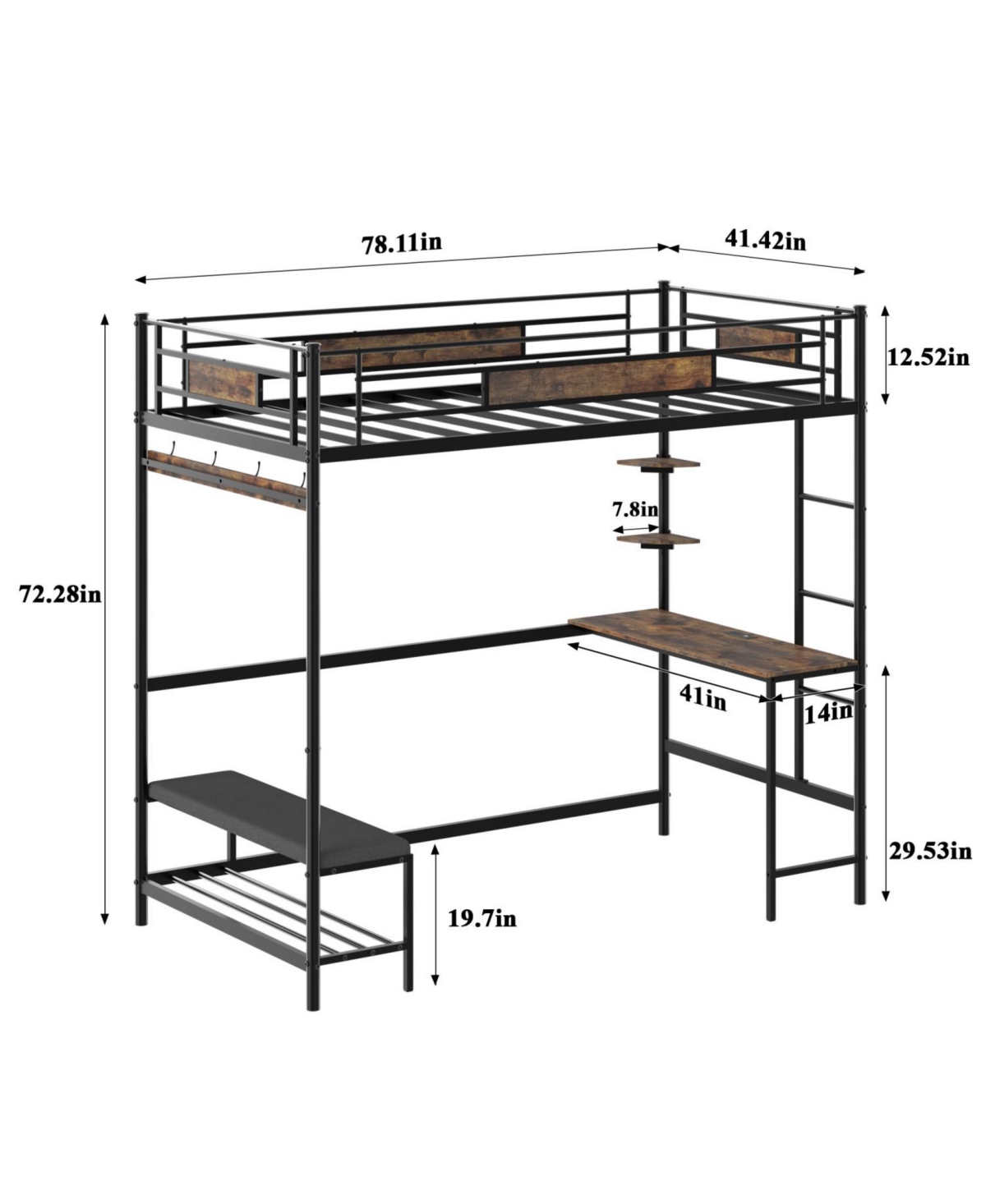 Streamdale Furniture Twin Loft Bed Frame with Storage - Easy Assembly, Secure Metal Slats