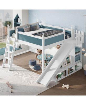 Queen Loft Bed with Storage Shelves, Cabinet, Slide & Ladder (Blue/White)