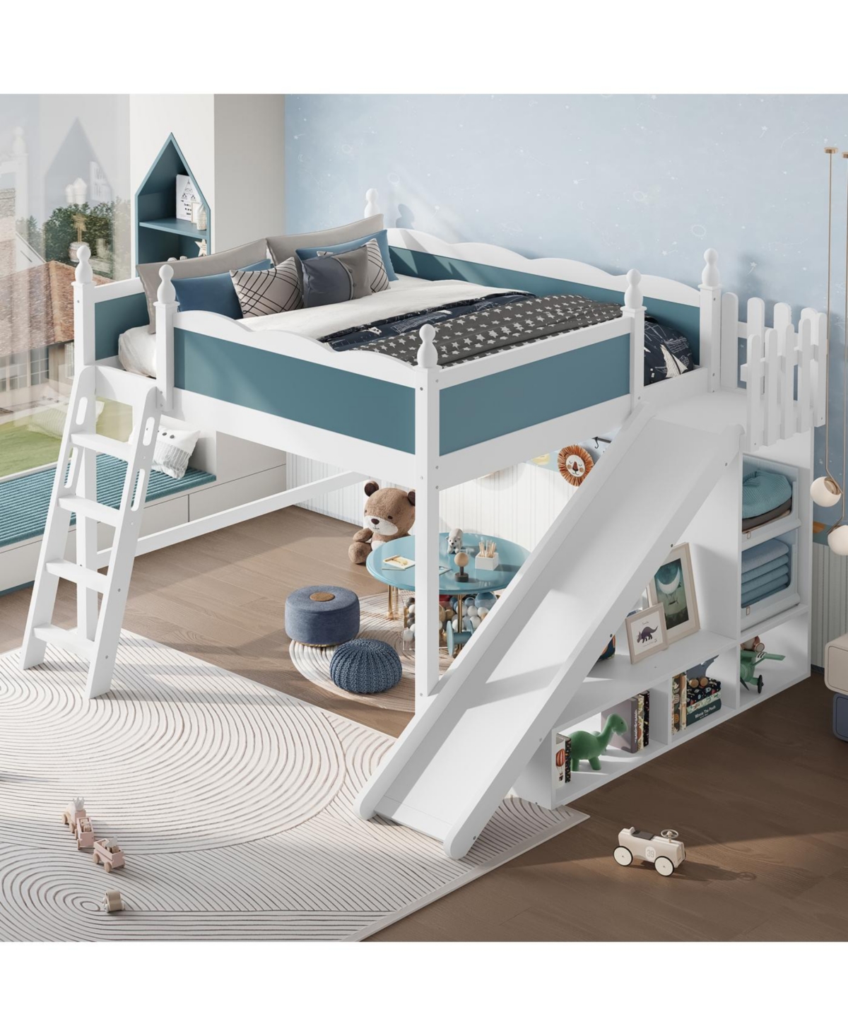 Streamdale Furniture Queen Loft Bed with Storage Shelves, Cabinet, Slide & Ladder (Blue/White)