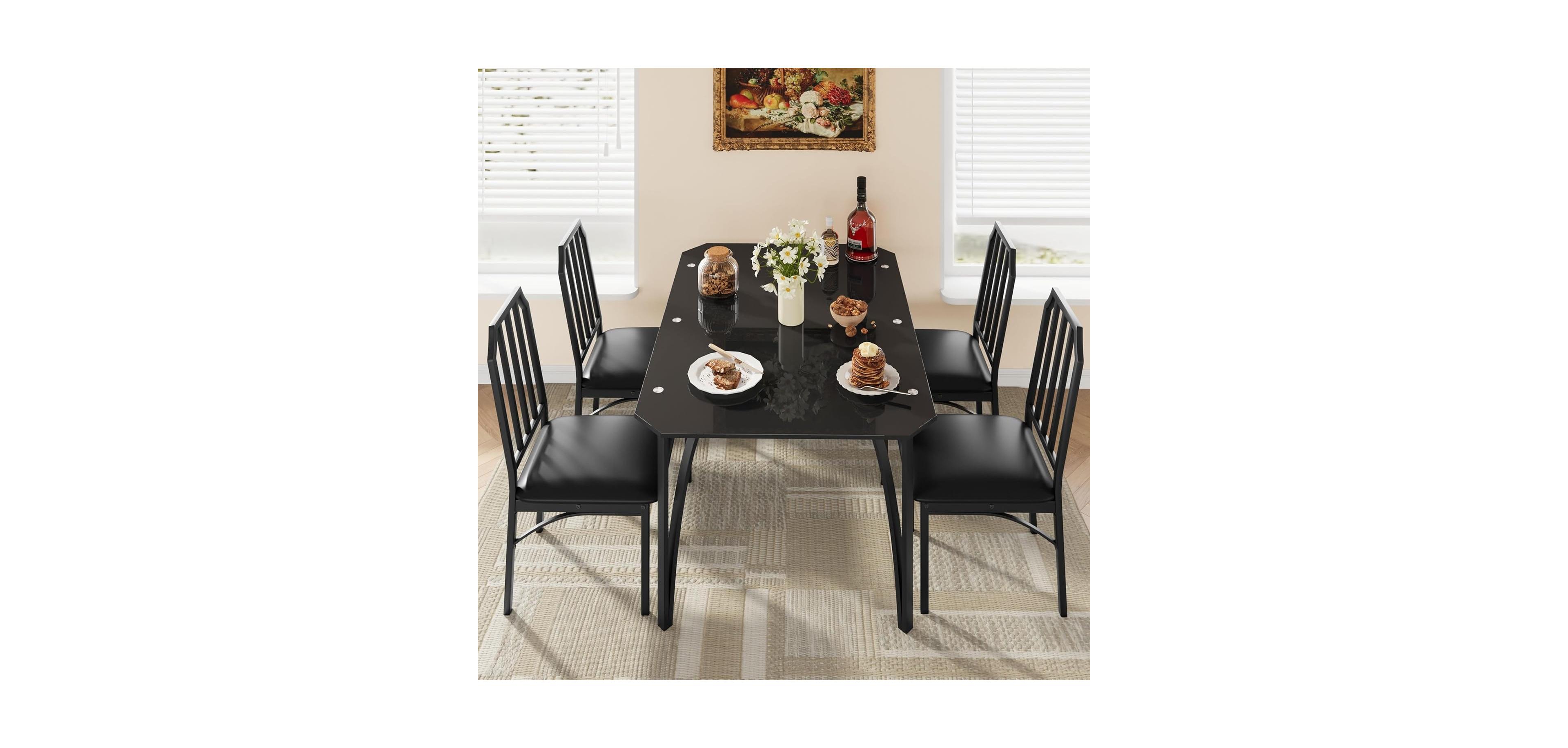 gaomon Modern Glass Dining Table Set with Upholstered Chairs, Chamfered Edge, Durable Tempered Glass