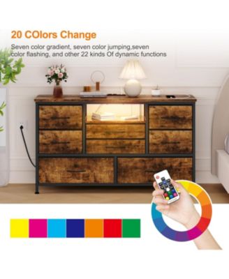 8-Drawer Dresser TV Stand with LED Lights & Charging Station, 55" Entertainment Center Storage, Rustic Brown