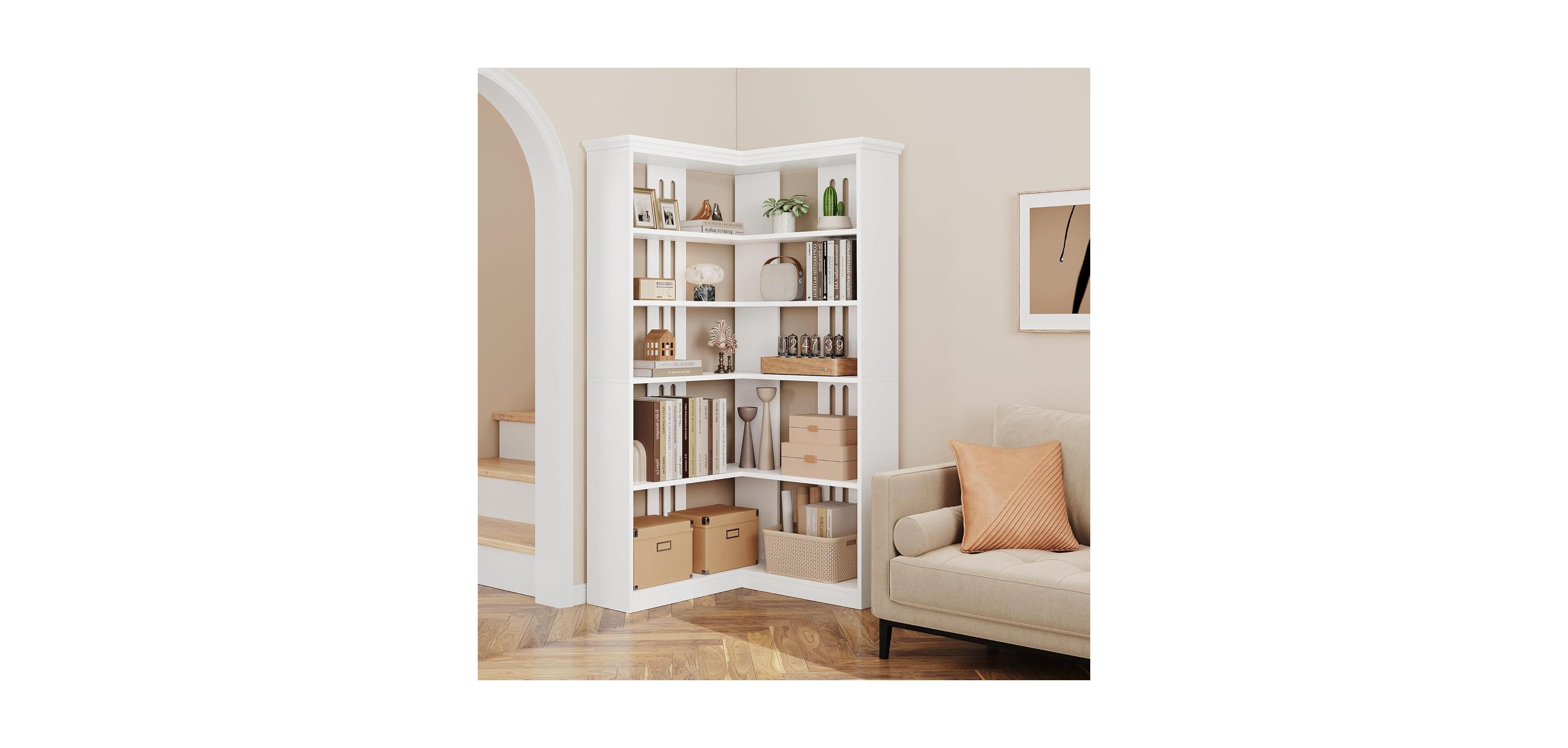 gaomon 5-Tier Farmhouse Corner Bookshelf, 72.8" L Shaped Wood Display Rack, White Half Panel, Living Room, Office