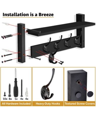 24 Inch Floating Wall Shelf with 5 Heavy Duty Hooks