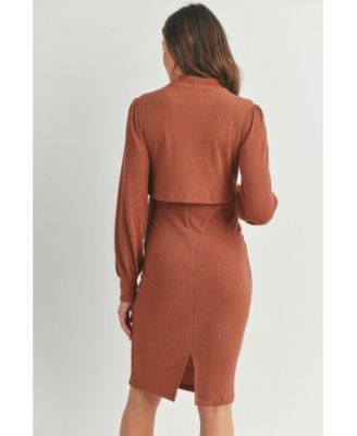 Maternity Double Layer Mock Neck Ribbed Nursing Dress