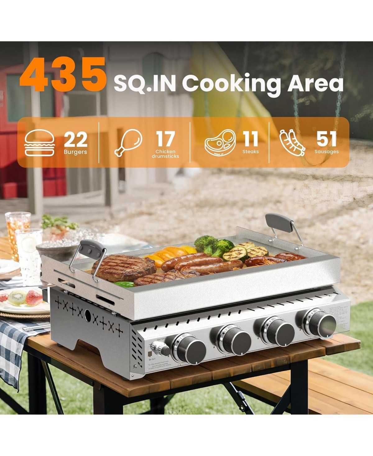 Cowsar Portable Propane Griddle, 32,000BTU Tabletop Portable Propane Gas Grill with 4 Burners, Stainless Steel Flat Top Grill, Outdoor Cooking