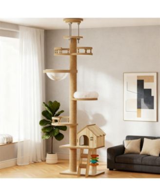 Adjustable 98-110 Inch Cat Tree with Scratching Post, Wood Condo, & Hammock