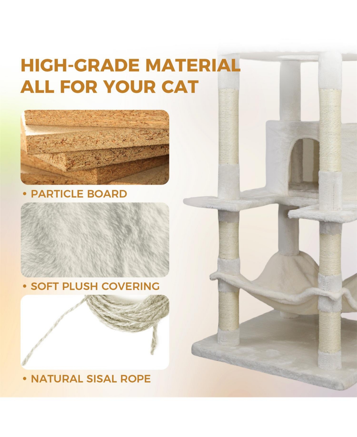 Aostirmotor 78" Beige Cat Tree Tower with Large Condo, Sisal Scratching Post & Hammock