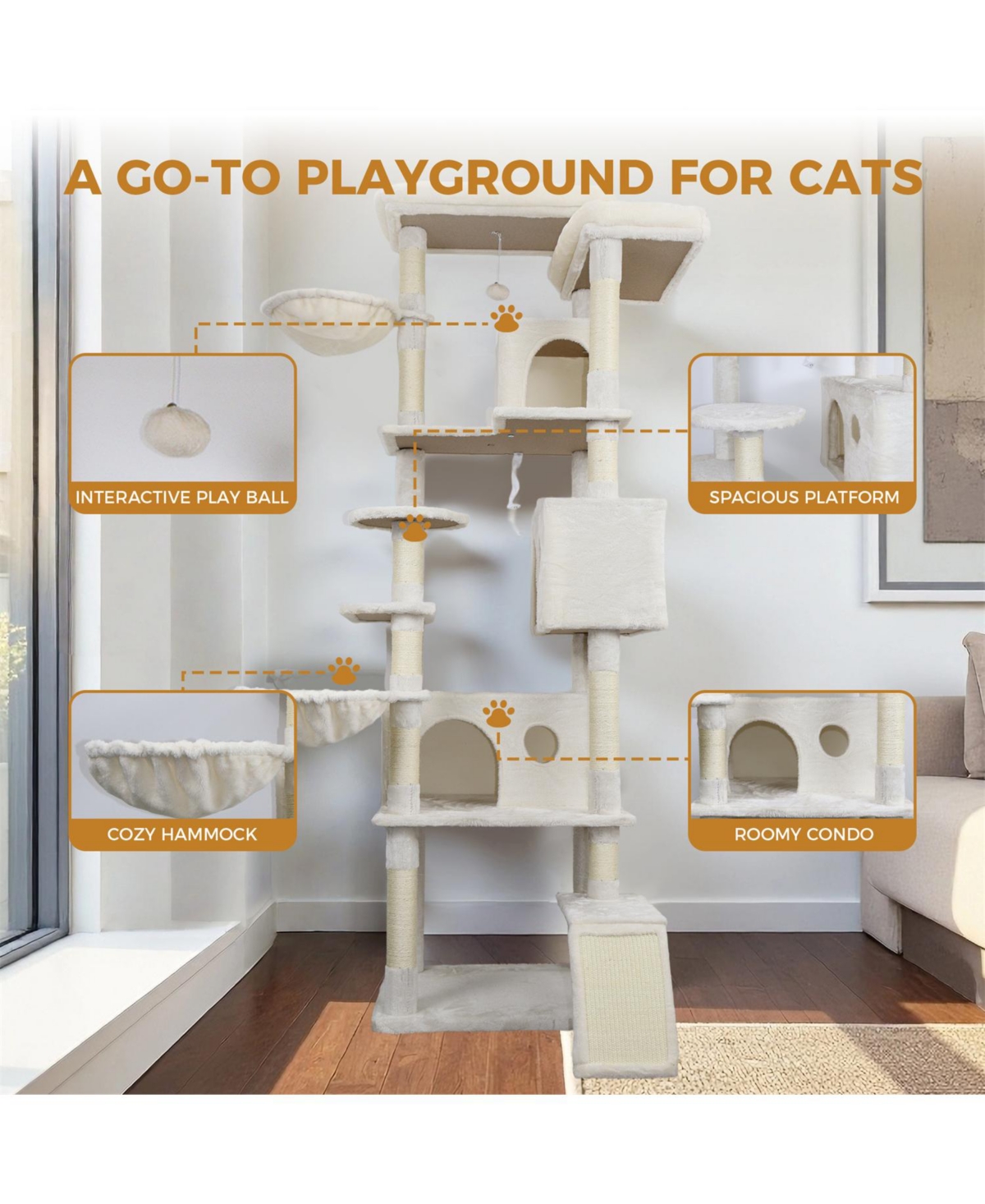 Aostirmotor 84" Beige Cat Tree Tower with Large Condo, Sisal Scratching Post & Hammock