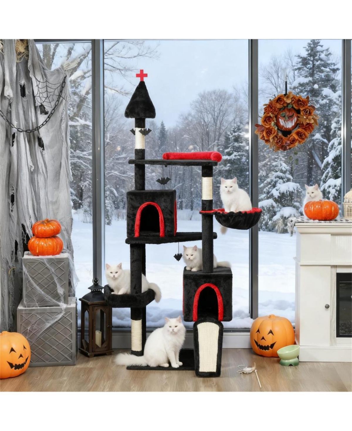 Aostirmotor 78"Cat Tree Cat Tower with Coffin Bed in Black