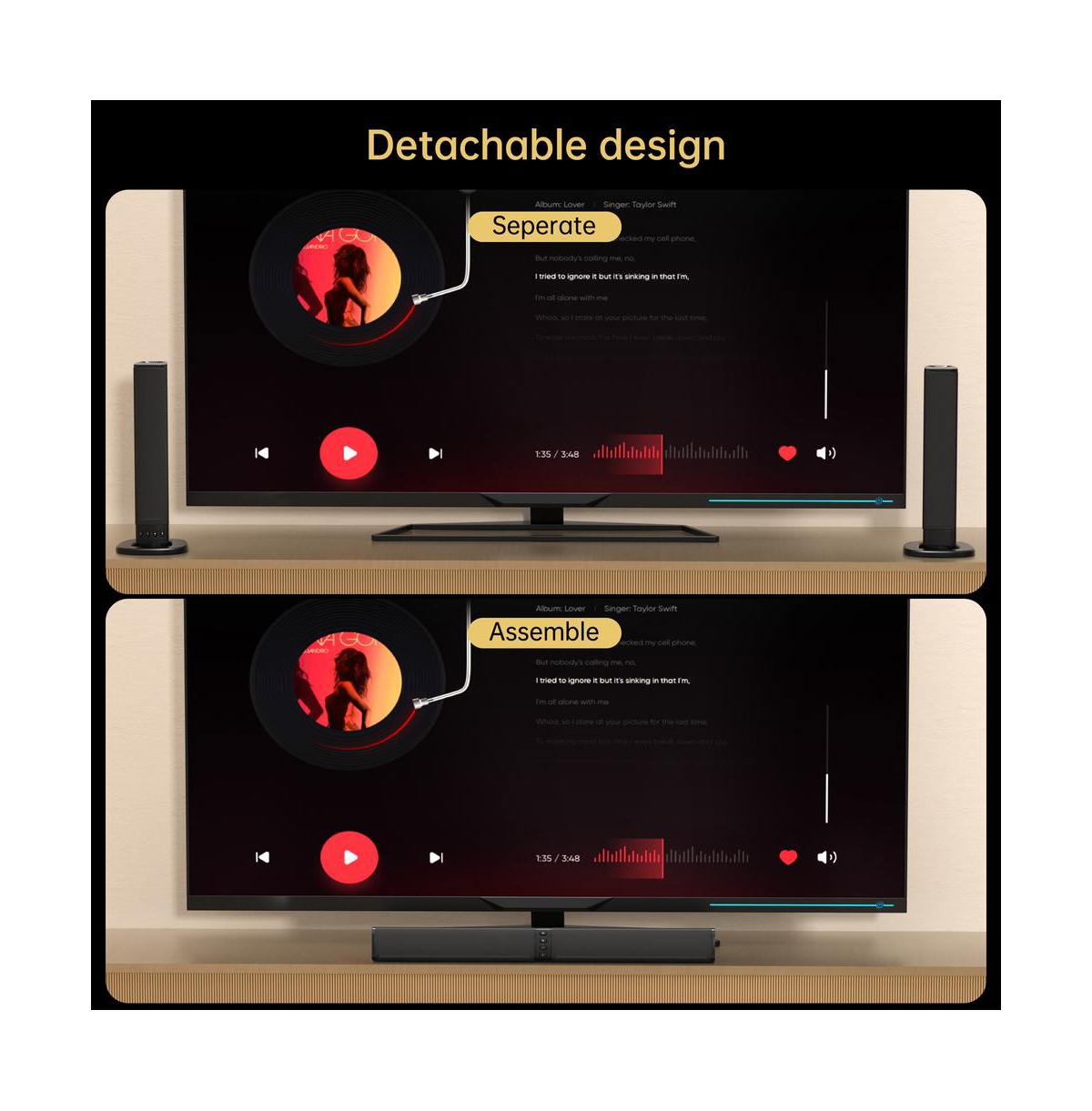 Artudatech 20W Detachable Sound Bar with Bluetooth 4.0, Converts to Dual Speakers for Immersive Audio