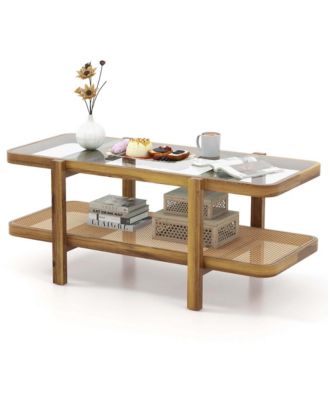 2-Tier Rustic Coffee Table with Storage Tempered Glass Tabletop PE Rattan Shelf