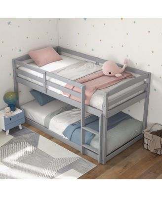 Twin over Twin Low Bunk Bed with Guardrails Ladder Kids Wooden